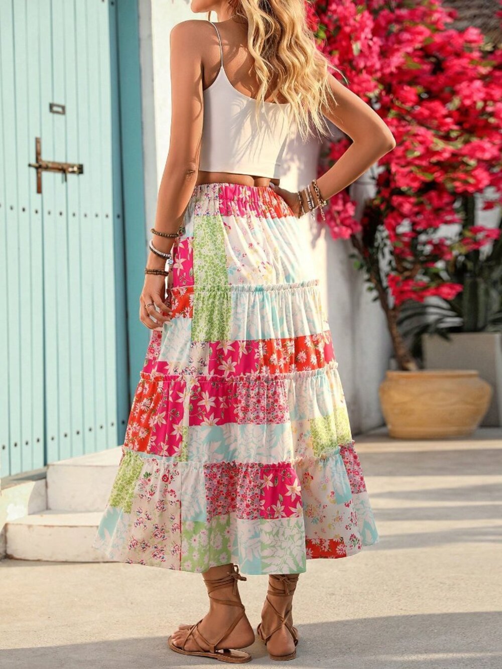 Multicolor boho Casual Women's Colorblock Floral Print Ruffle Hem maxi Skirt - Picture 3 of 10